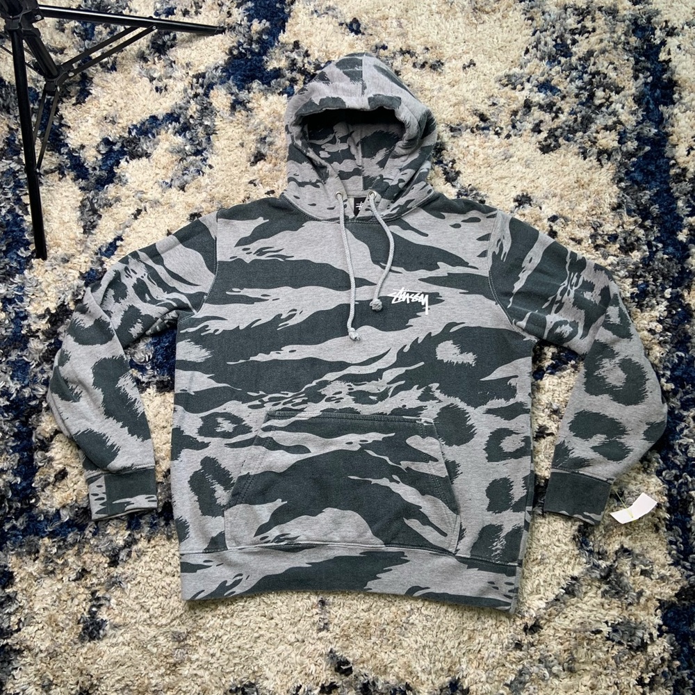 Men’s Medium Stüssy Graphic Print Fleece Hooded Pulliver Sweatshirt Grey